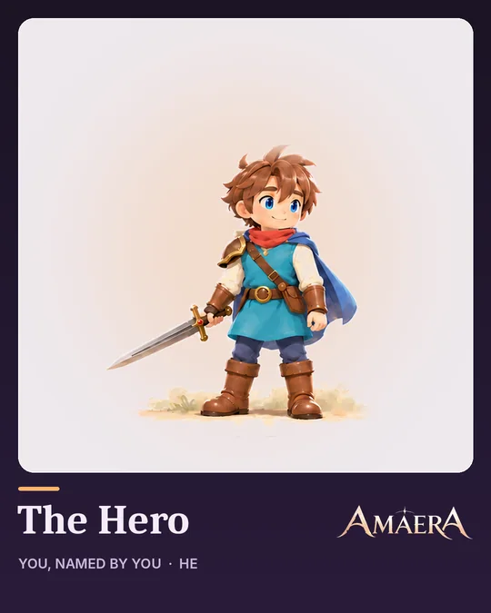 The hero (he): brown hair, teal tunic, red scarf, blue cape and a short sword
