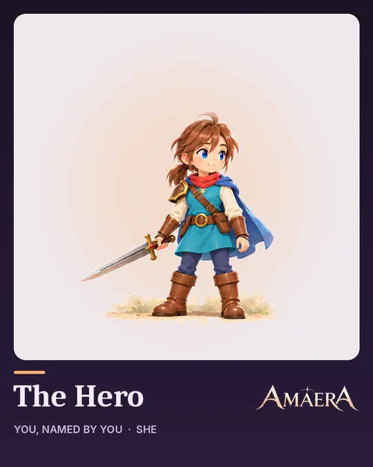 The hero (she): auburn ponytail, teal tunic, red scarf, blue cape and a short sword